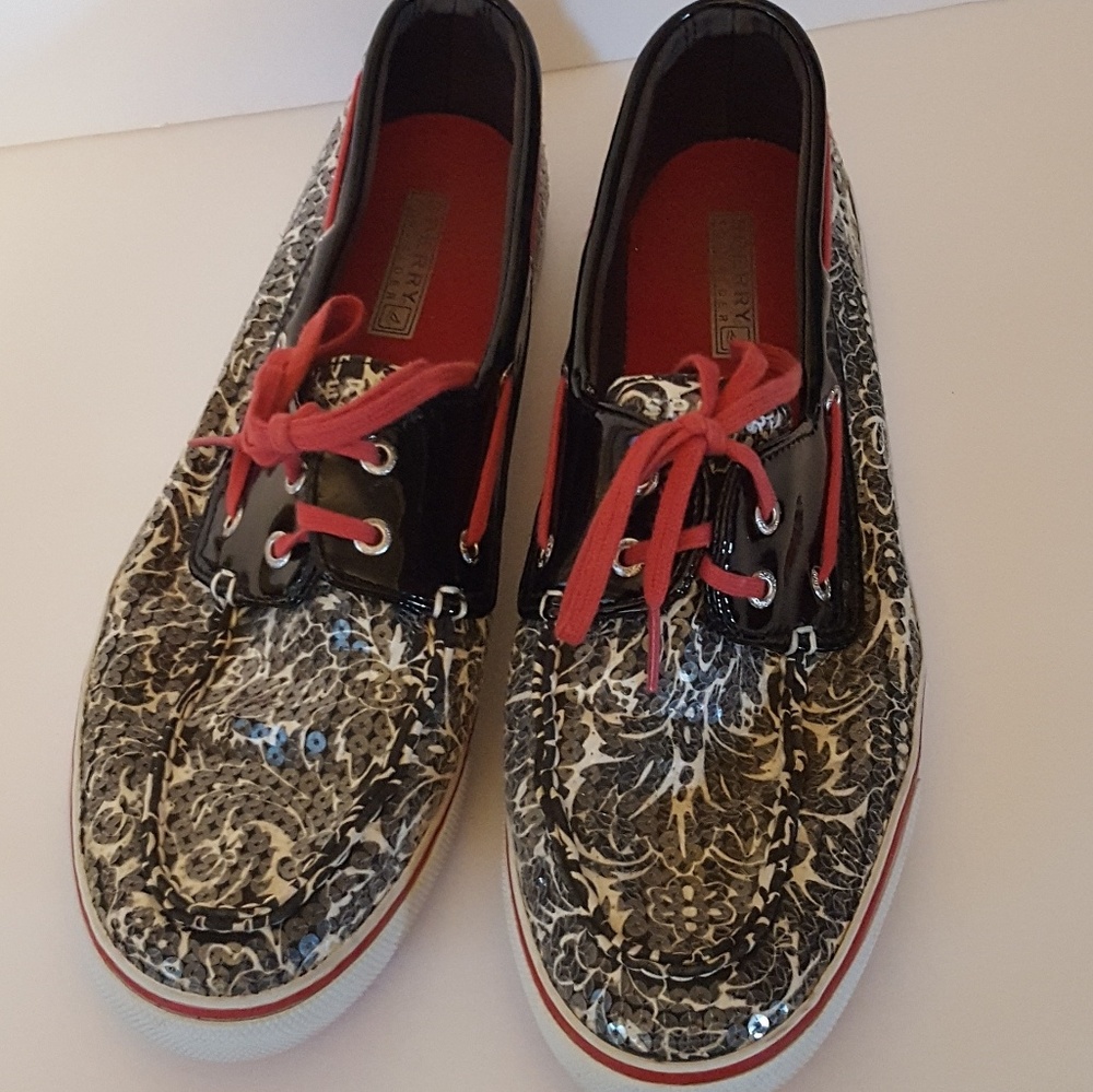 Sperry size 11 b & w  sequins pink string